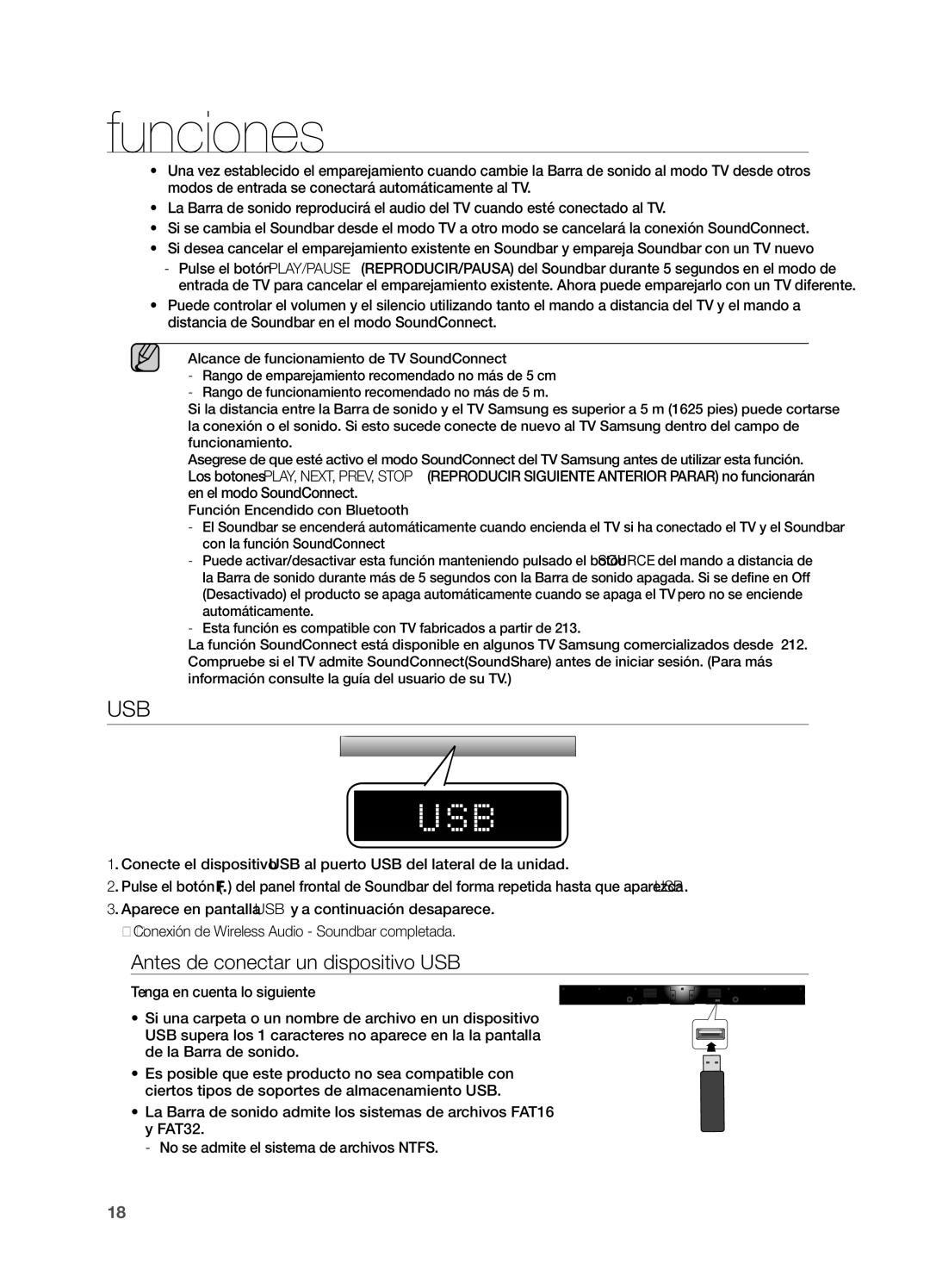 Samsung HW-H550/ZF, HW-H551/ZF manual Usb, Antes de conectar un dispositivo USB 