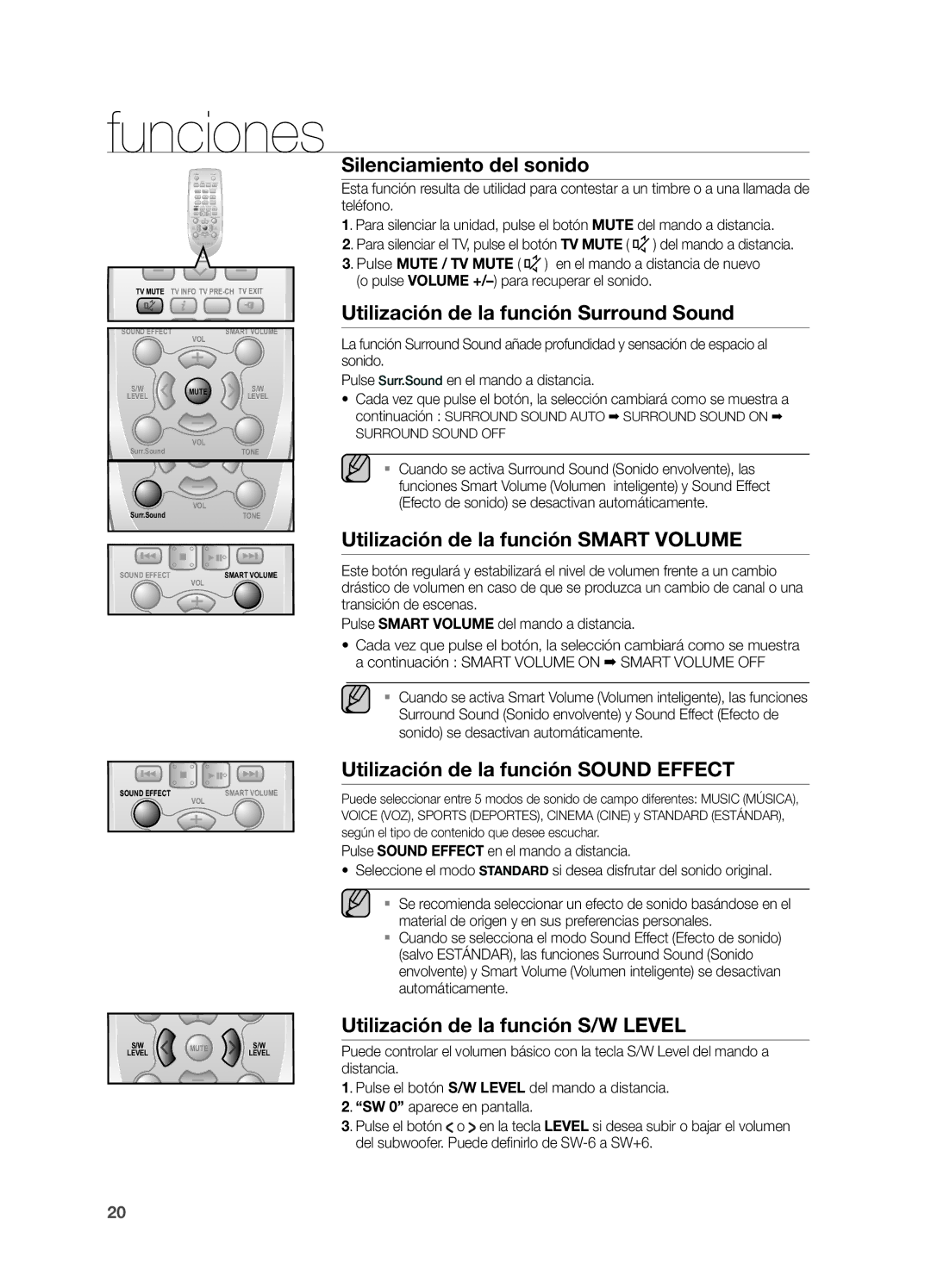 Samsung HW-H550/ZF, HW-H551/ZF manual Silenciamiento del sonido, Utilización de la función Surround Sound 