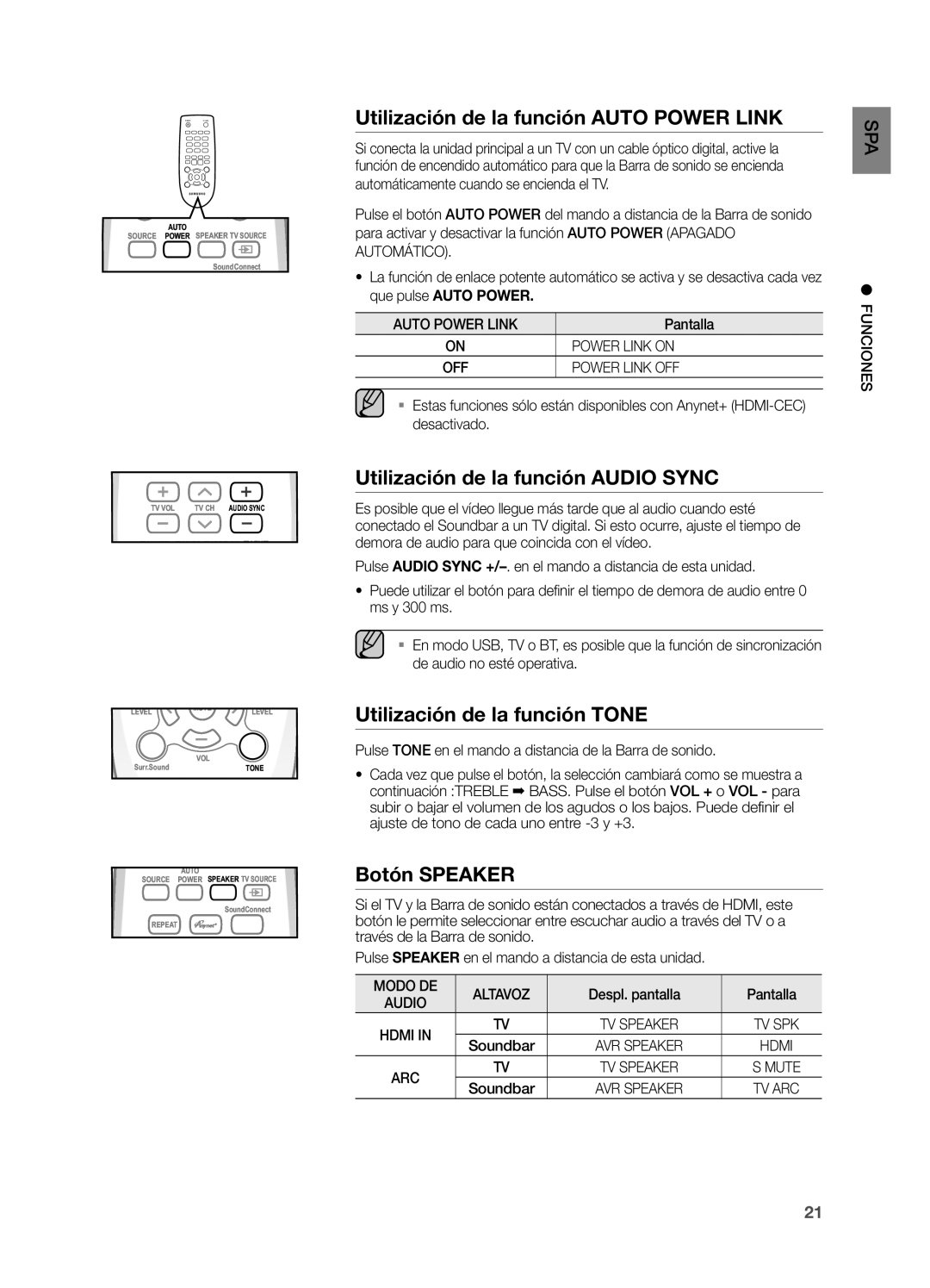 Samsung HW-H551/ZF manual Utilización de la función Auto Power Link, Utilización de la función Audio Sync, Botón Speaker 