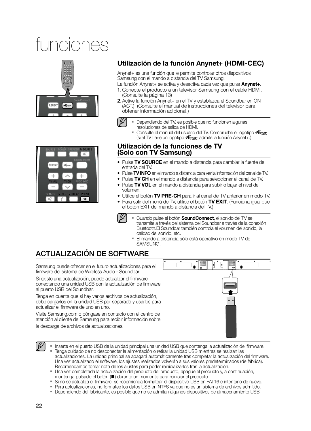 Samsung HW-H550/ZF, HW-H551/ZF manual Actualización DE Software, Utilización de la función Anynet+ HDMI-CEC 