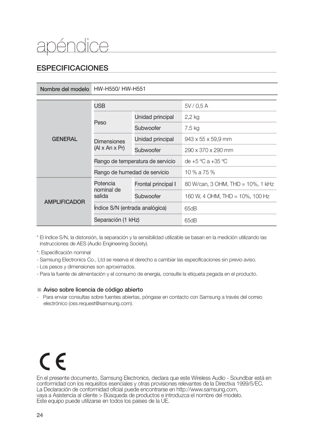 Samsung HW-H550/ZF, HW-H551/ZF manual Apéndice, Especificaciones 