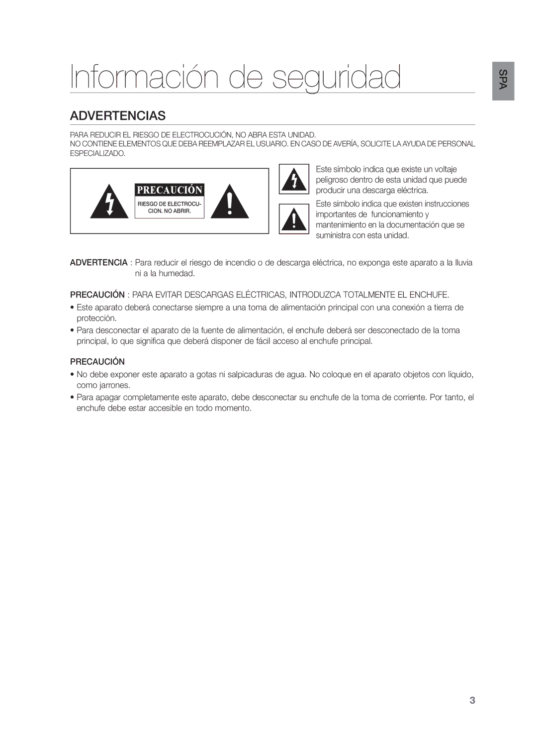 Samsung HW-H551/ZF, HW-H550/ZF manual Información de seguridad, Advertencias, Precaución 