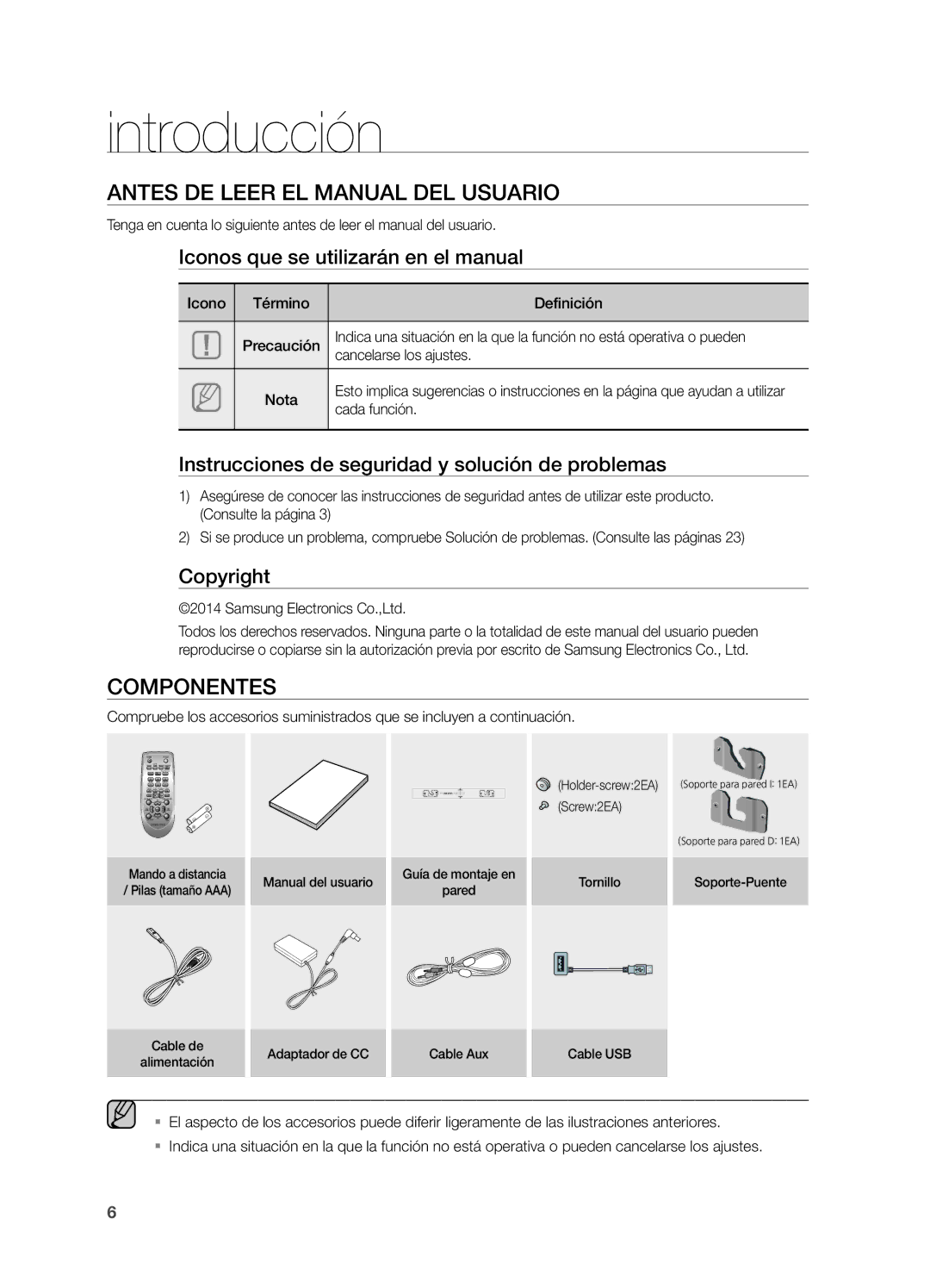 Samsung HW-H550/ZF, HW-H551/ZF manual Introducción, Antes DE Leer EL Manual DEL Usuario, Componentes 