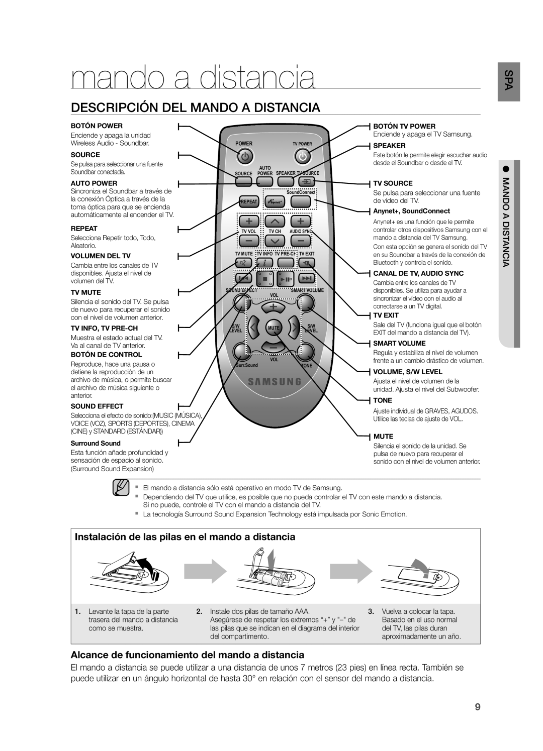 Samsung HW-H551/ZF, HW-H550/ZF manual Mando a distancia, Descripción DEL Mando a Distancia 