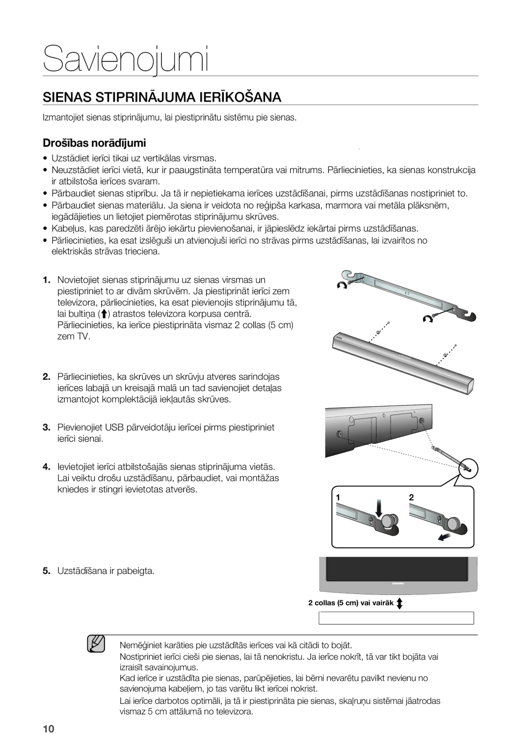 Samsung HW-H551/EN Savienojumi, Sienas Stiprinājuma Ierīkošana, Iegādājieties un lietojiet piemērotas stiprinājumu skrūves 