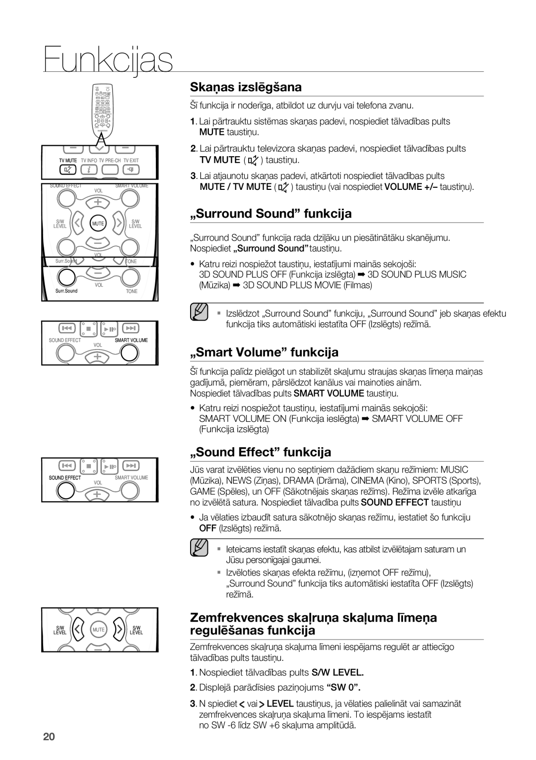 Samsung HW-H551/EN manual Skaņas izslēgšana, „Surround Sound funkcija, „Smart Volume funkcija, „Sound Effect funkcija 