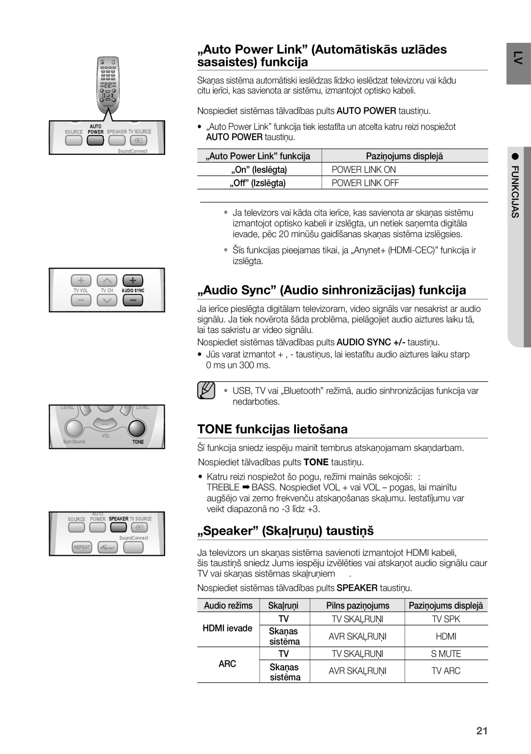 Samsung HW-H551/EN „Auto Power Link Automātiskās uzlādes sasaistes funkcija, „Audio Sync Audio sinhronizācijas funkcija 