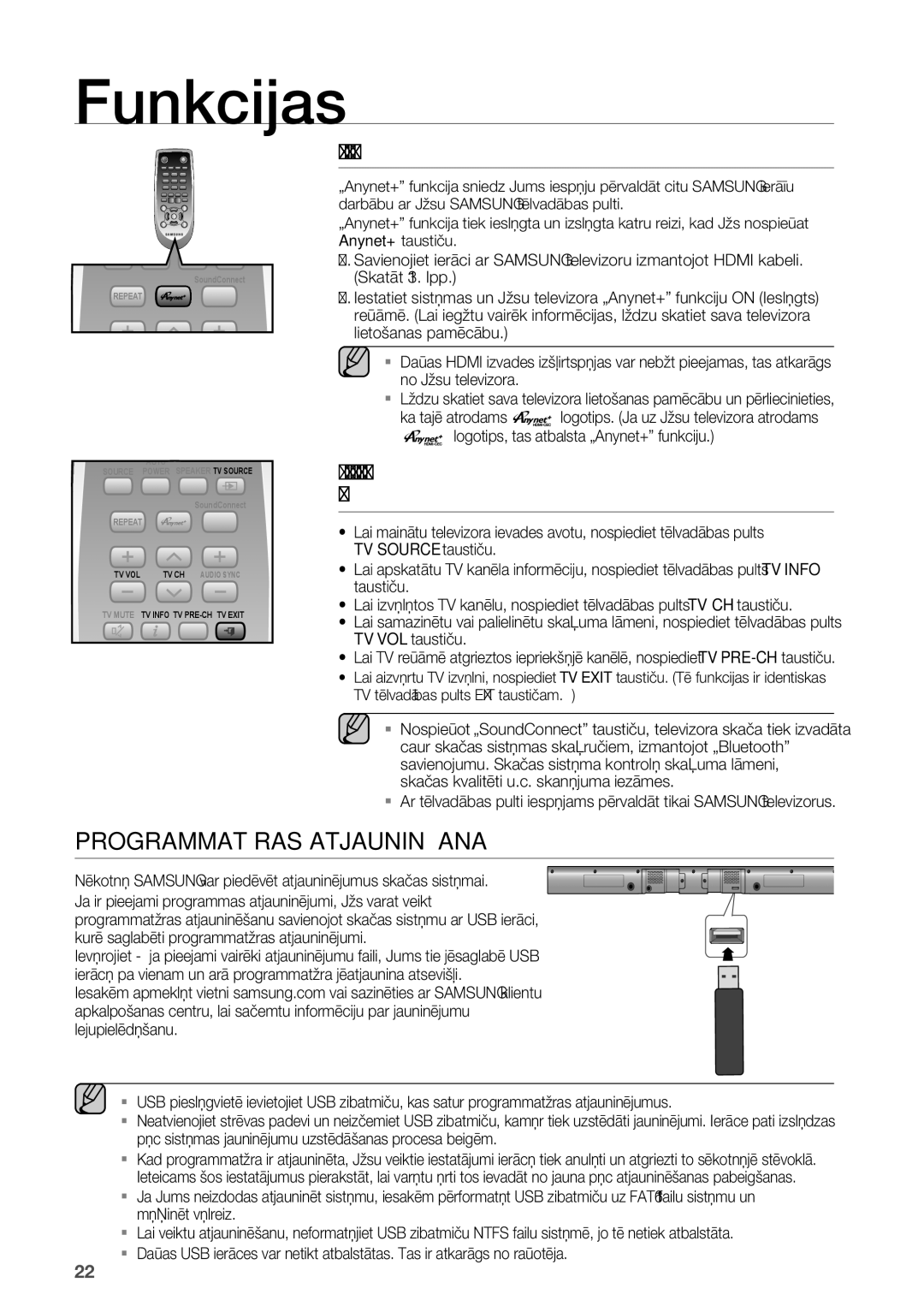 Samsung HW-H551/EN manual Programmatūras Atjaunināšana, „Anynet+HDMI-CEC funkcijas izmantošana 