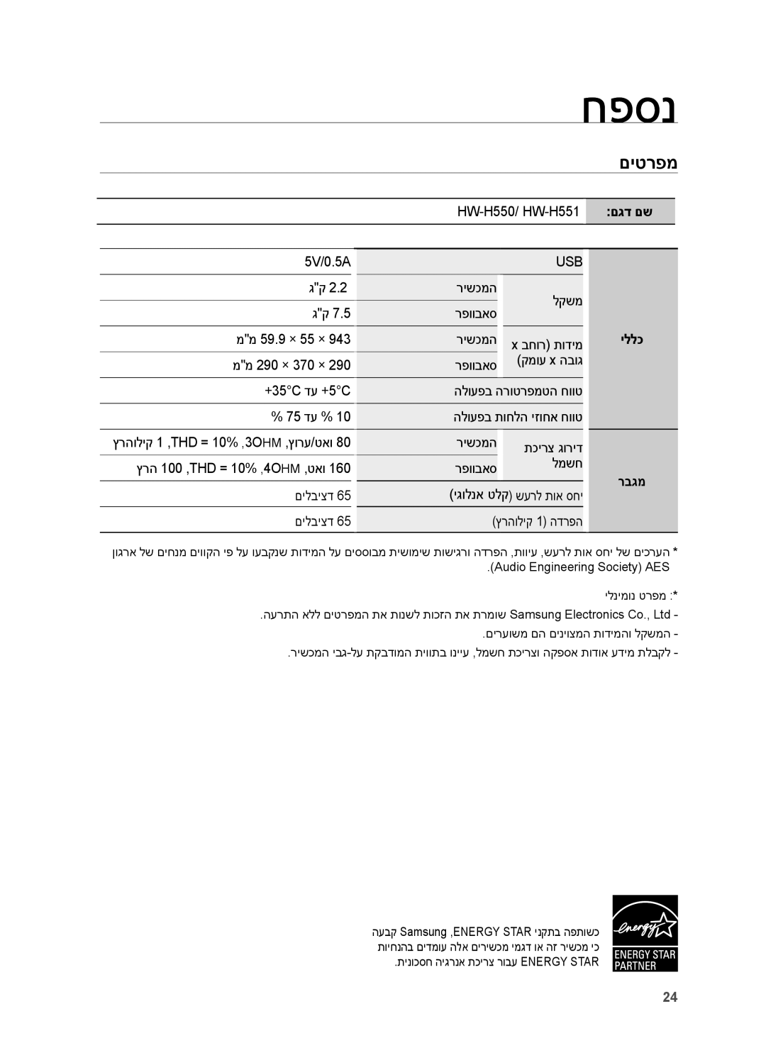 Samsung HW-H551/SQ, HW-H550/SQ manual חפסנ, םיטרפמ, םגד םש 