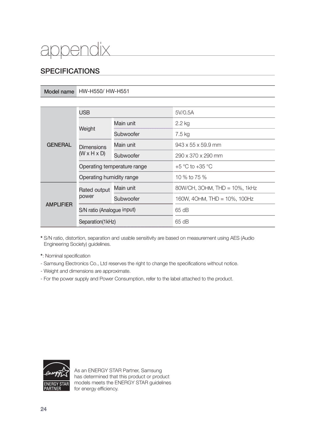 Samsung HW-H551/SQ, HW-H550/SQ manual Appendix, Specifications, General, Amplifier 