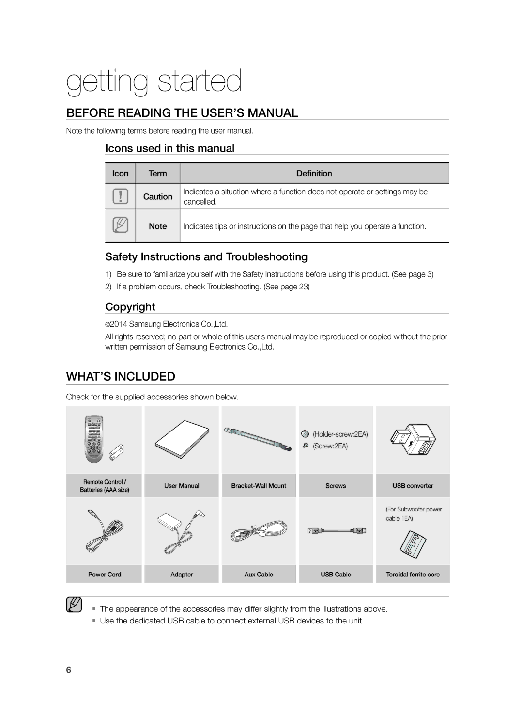 Samsung HW-H551/SQ, HW-H550/SQ manual Getting started, Before Reading the USER’S Manual, WHAT’S Included 