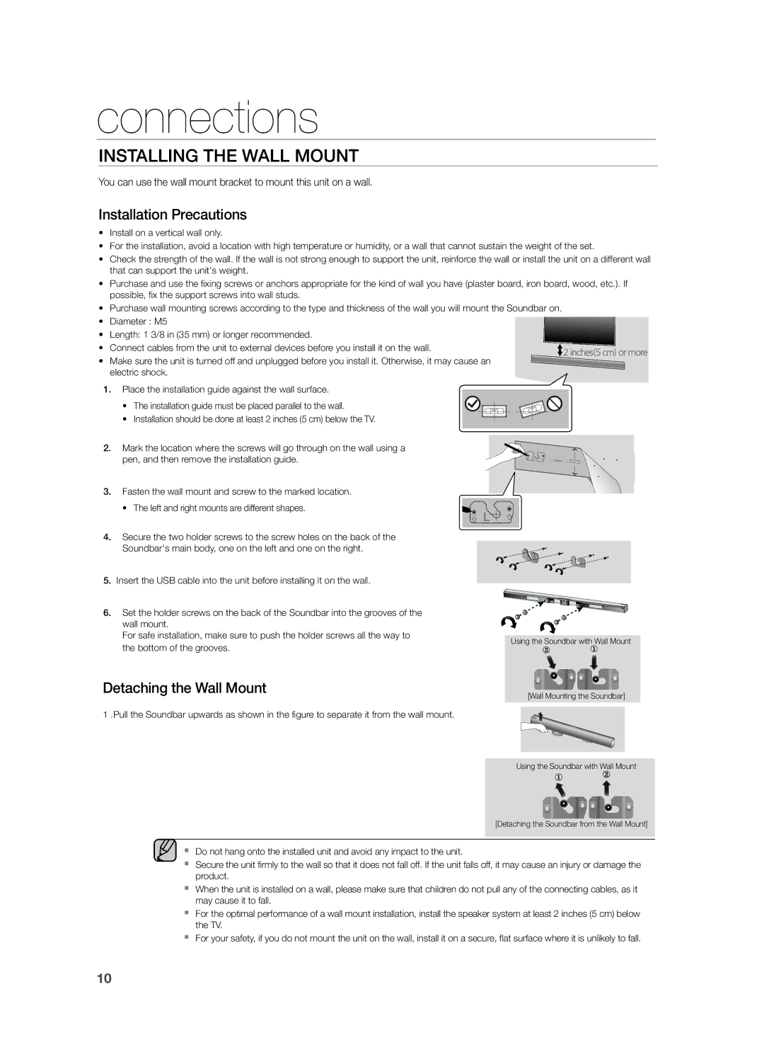 Samsung HW-H551/EN, HW-H551/TK, HW-H551/ZF manual Connections, Installing the Wall Mount 