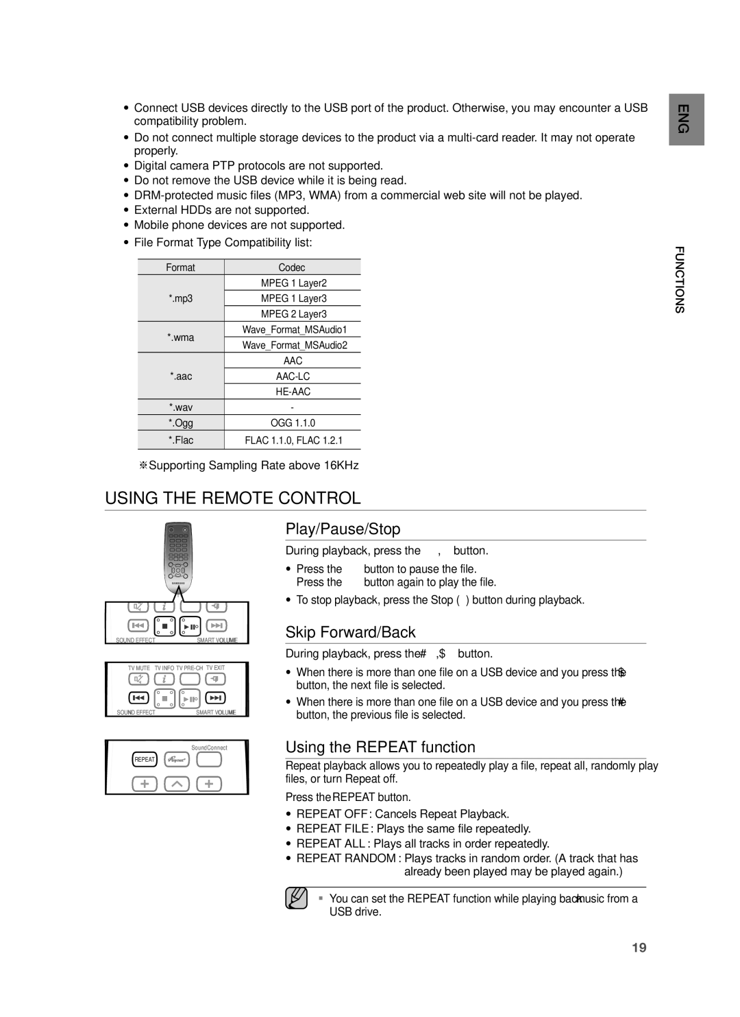 Samsung HW-H551/EN, HW-H551/TK Using the Remote Control, Play/Pause/Stop, Skip Forward/Back, Using the Repeat function 