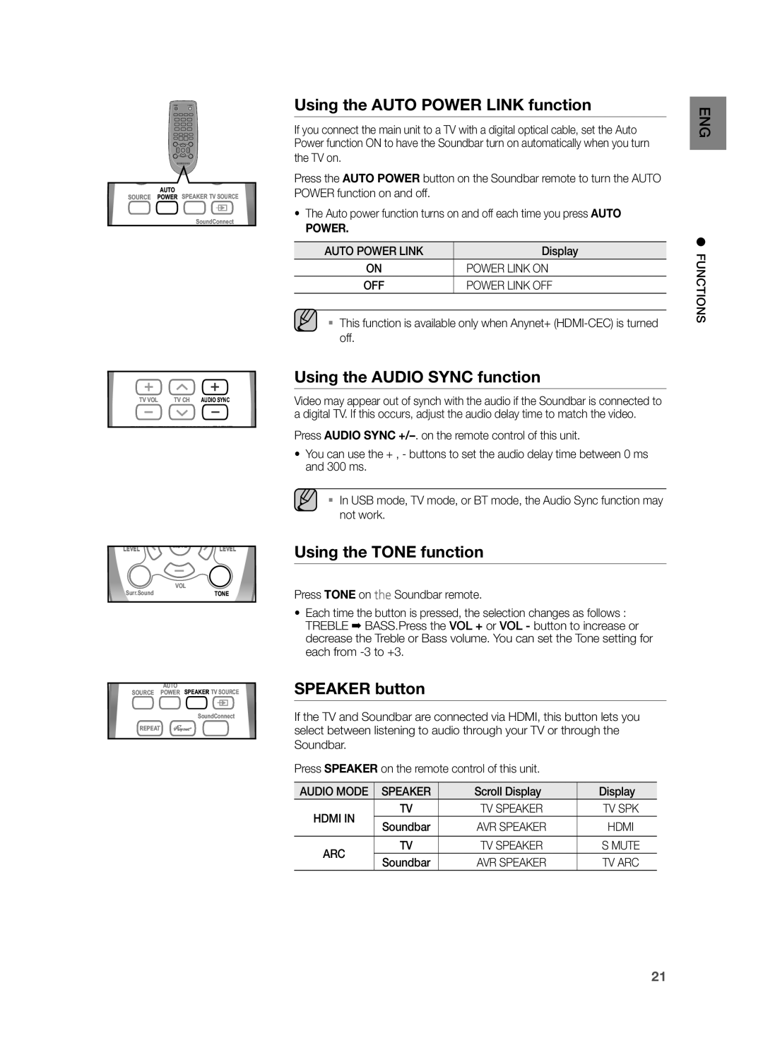 Samsung HW-H551/TK, HW-H551/EN Using the Auto Power Link function, Using the Audio Sync function, Using the Tone function 