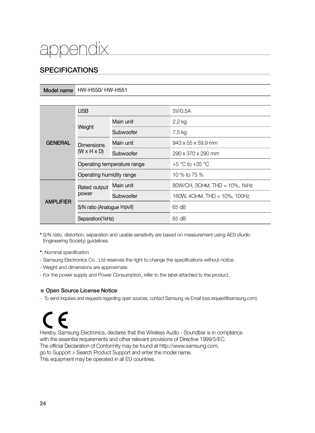 Samsung HW-H551/TK, HW-H551/EN, HW-H551/ZF manual Appendix, Specifications, General, Amplifier 