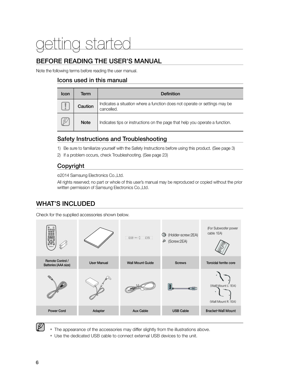 Samsung HW-H551/TK, HW-H551/EN, HW-H551/ZF manual Getting started, Before Reading the USER’S Manual, WHAT’S Included 