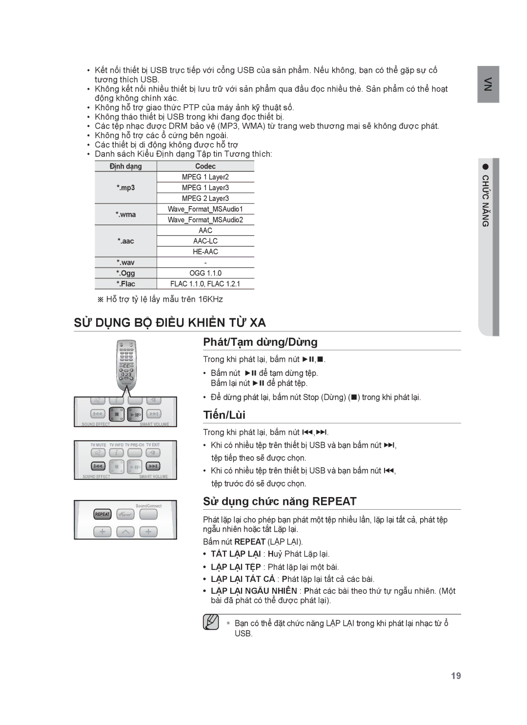 Samsung HW-H551/XV manual SỬ Dụng BỘ Điều Khiển TỪ XA, Phát/Tạm dừng/Dừng, Tiến/Lùi, Sử dụng chức năng Repeat 