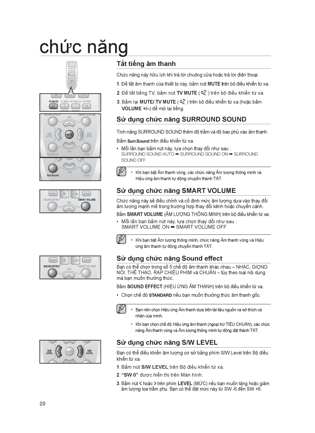 Samsung HW-H551/XV manual Tắt tiếng âm thanh, Sử dụng chức năng Surround Sound, Sử dụng chức năng Smart Volume 