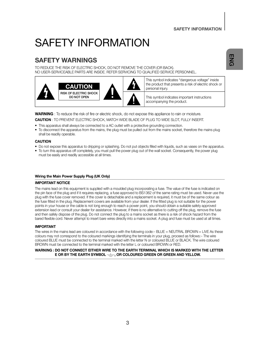 Samsung HW-H610/ZF, HW-H600/EN, HW-H600/TK, HW-H610/EN, HW-H600/ZF, HW-H600/XN, HW-H610/XE Safety Information, Safety Warnings 