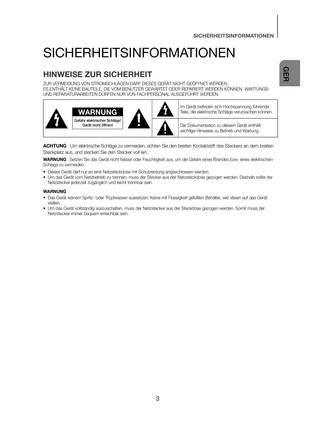 Samsung HW-H600/TK, HW-H600/EN, HW-H610/EN, HW-H610/ZF, HW-H600/ZF manual Sicherheitsinformationen, Hinweise ZUR Sicherheit 