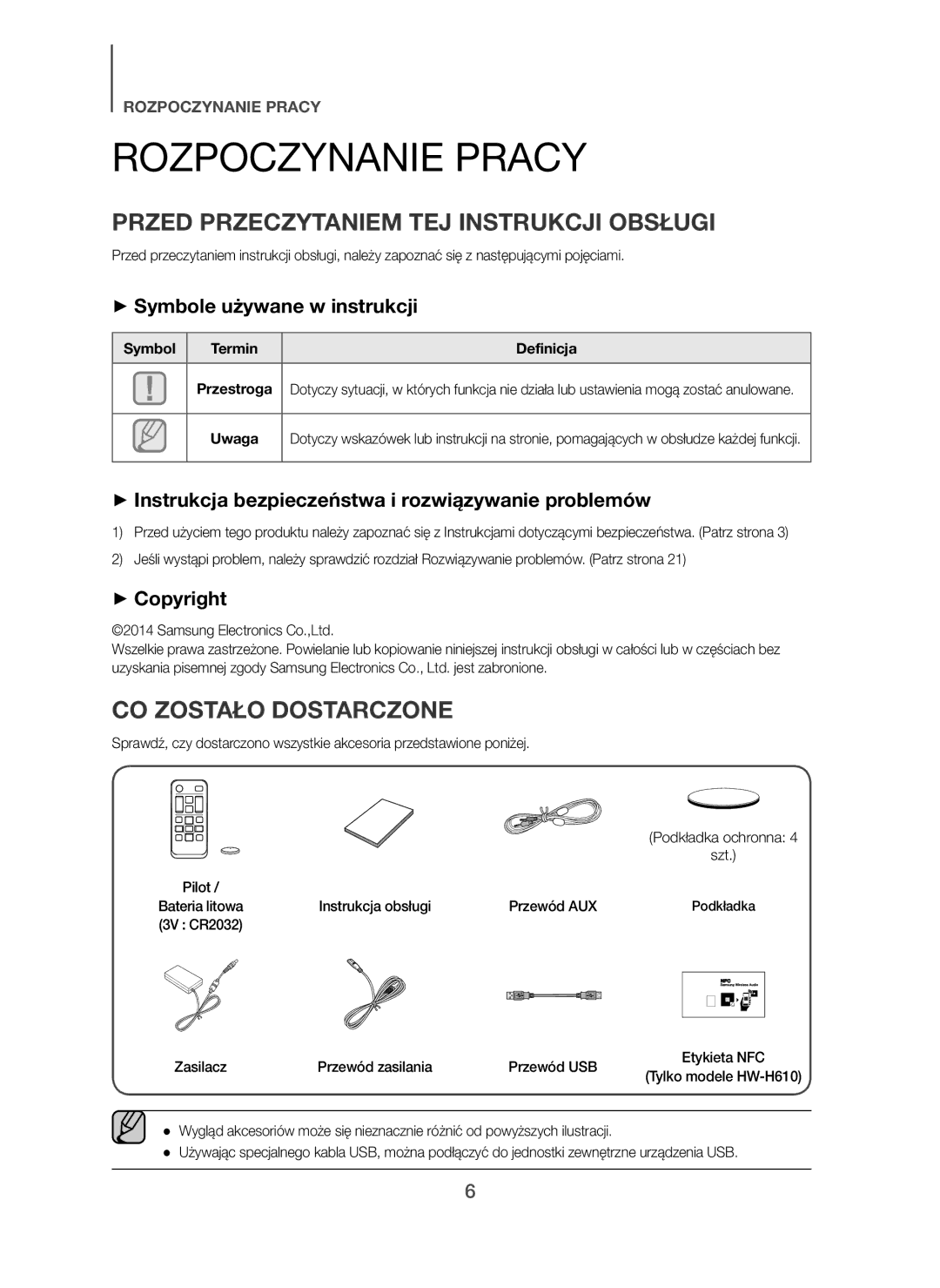 Samsung HW-H610/EN, HW-H600/EN Rozpoczynanie Pracy, Przed Przeczytaniem TEJ Instrukcji Obsługi, CO Zostało Dostarczone 