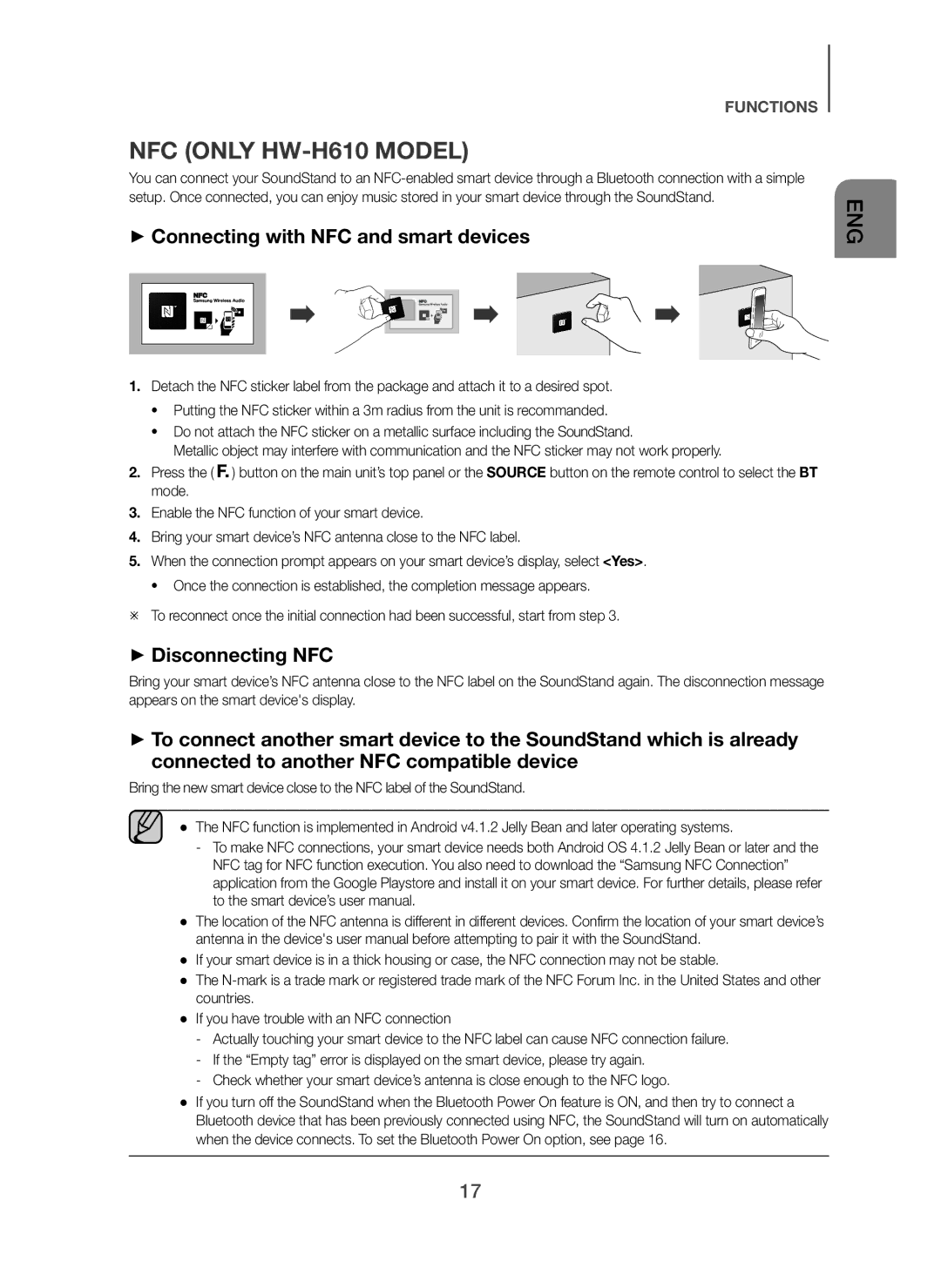 Samsung HW-H600/TK, HW-H600/EN manual NFC only HW-H610 Model, + Connecting with NFC and smart devices, + Disconnecting NFC 