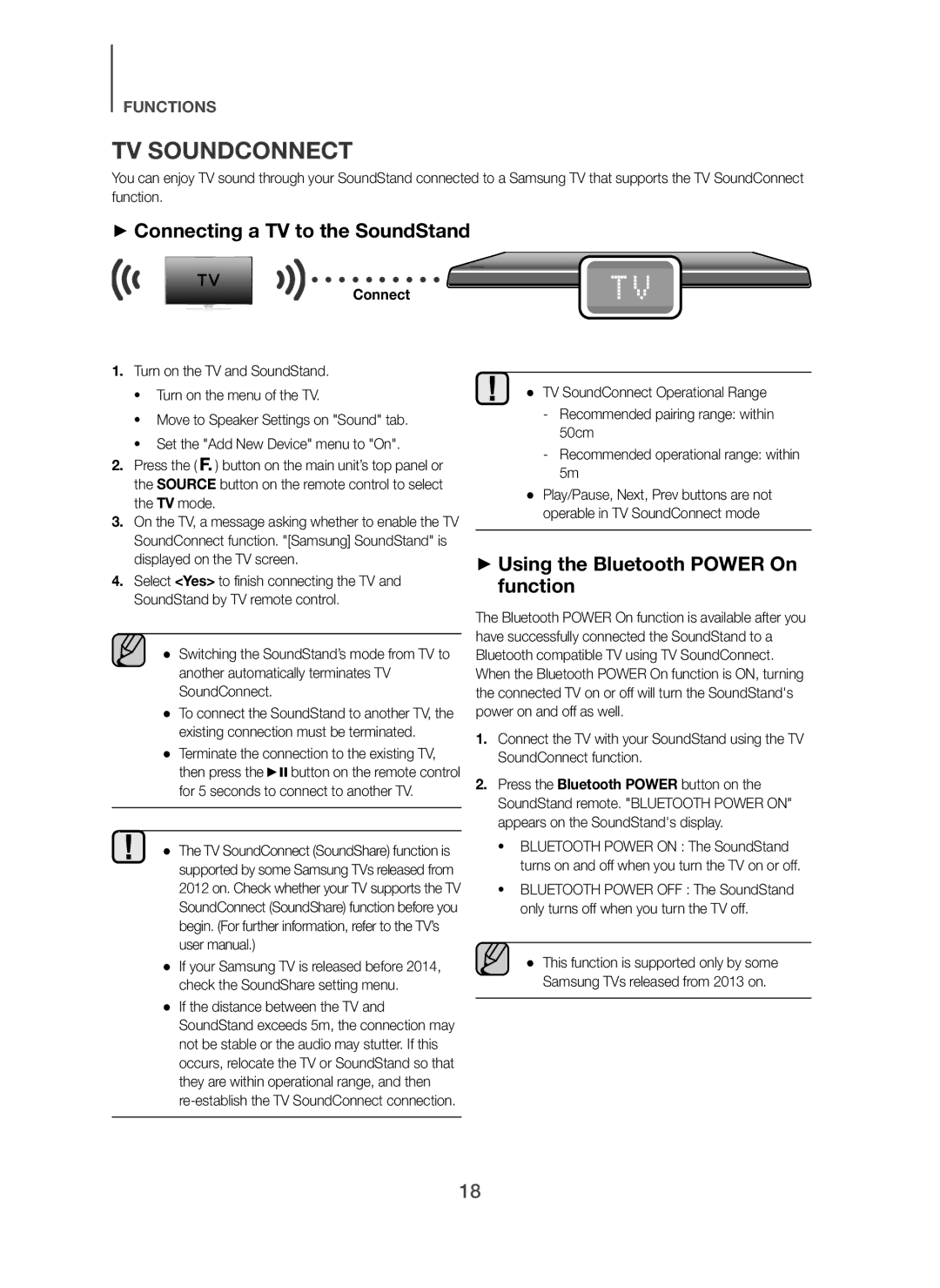 Samsung HW-H610/EN manual TV Soundconnect, + Connecting a TV to the SoundStand, + Using the Bluetooth Power On function 