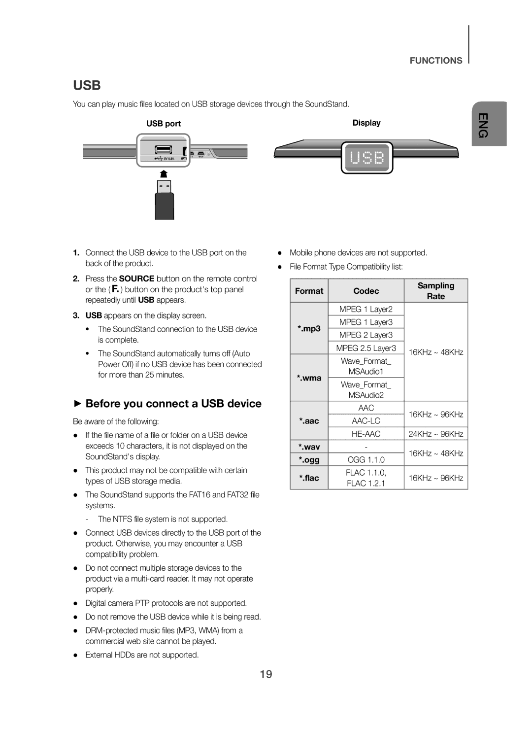 Samsung HW-H610/ZF, HW-H600/EN Usb, + Before you connect a USB device, USB port Display, Format Codec Sampling Rate, Ogg 