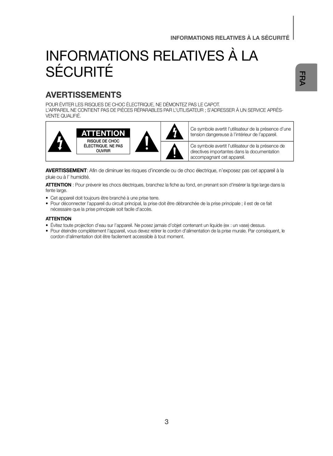 Samsung HW-H610/EN, HW-H600/EN, HW-H600/TK, HW-H610/ZF, HW-H600/ZF manual Informations Relatives À LA Sécurité, Avertissements 