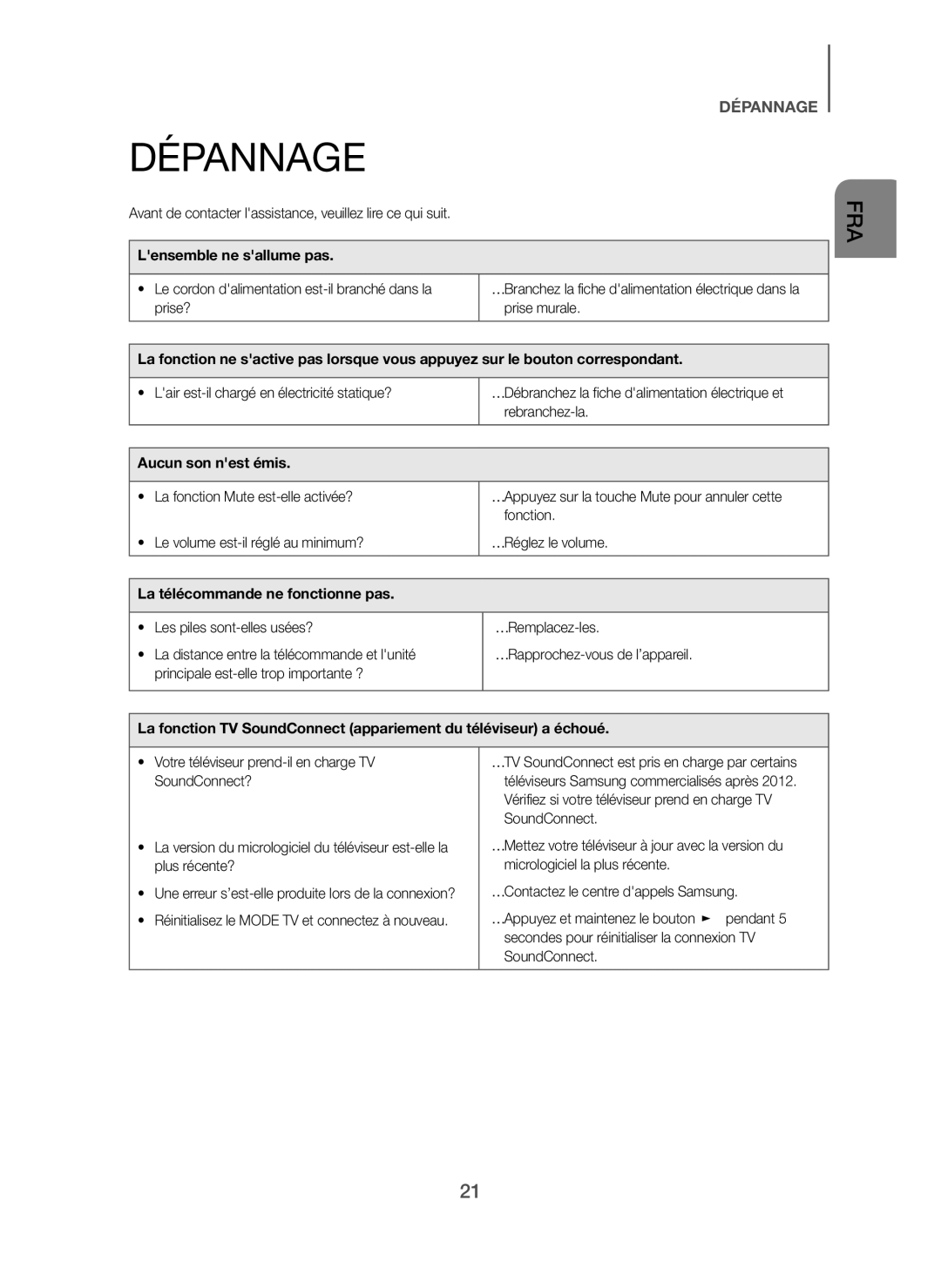 Samsung HW-H600/ZF, HW-H600/EN Dépannage, Lensemble ne sallume pas, Aucun son nest émis, La télécommande ne fonctionne pas 