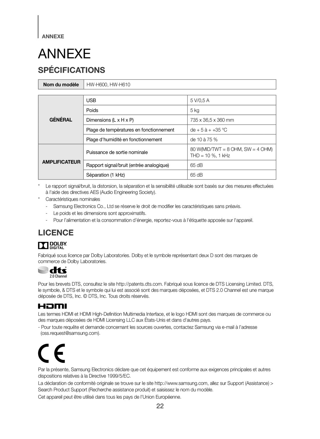 Samsung HW-H600/XN, HW-H600/EN, HW-H600/TK, HW-H610/EN, HW-H610/ZF manual Annexe, Spécifications, Licence, Nom du modèle, 0,5 a 