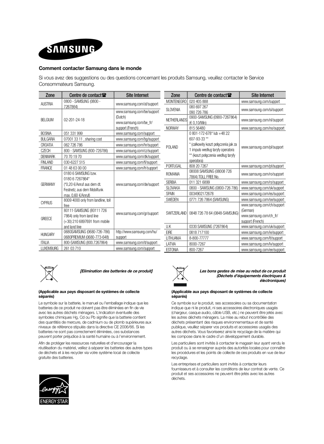 Samsung HW-H610/XE, HW-H600/EN, HW-H600/TK, HW-H610/EN, HW-H610/ZF Comment contacter Samsung dans le monde, Site Internet 