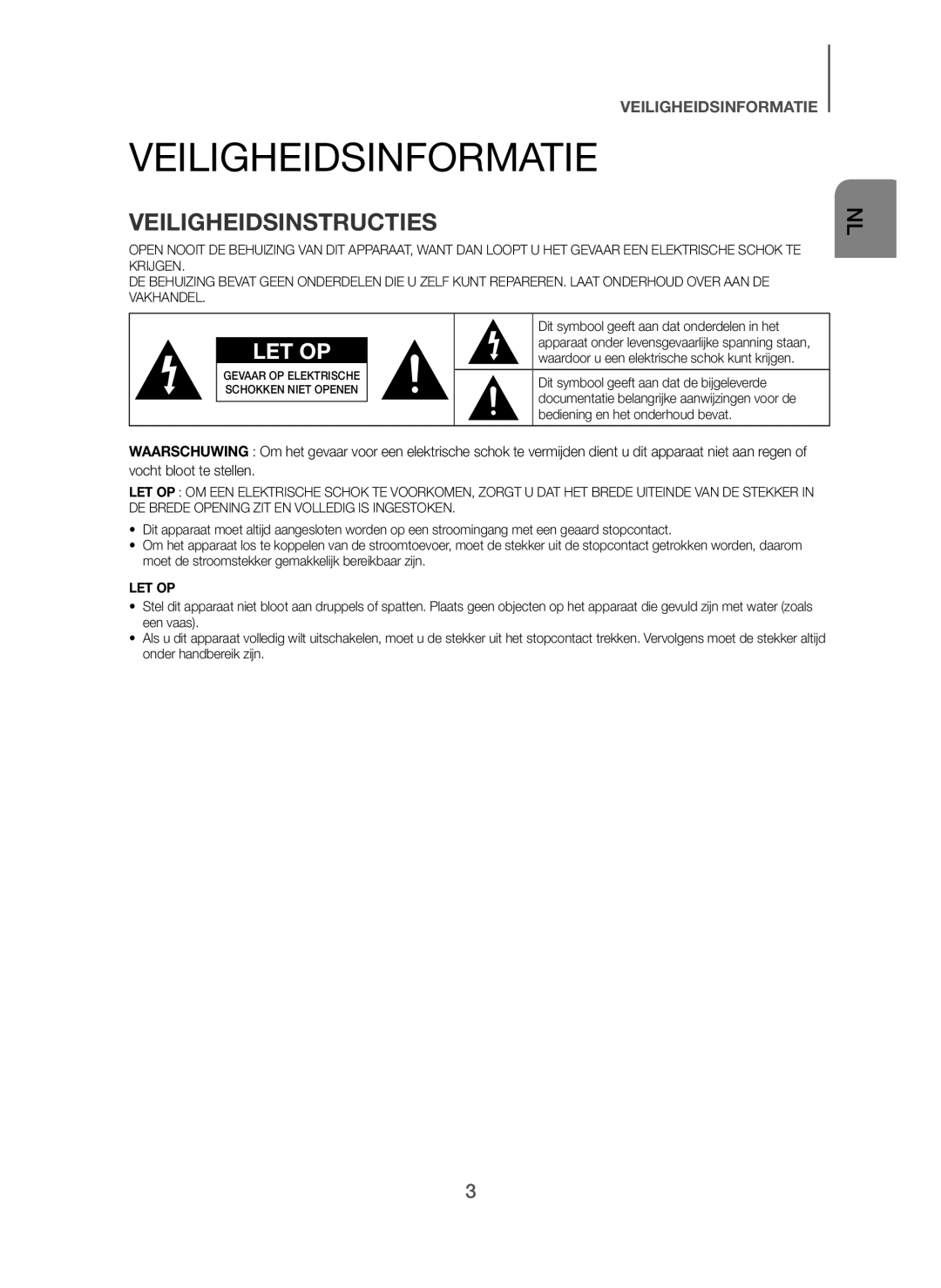 Samsung HW-H600/TK, HW-H600/EN, HW-H610/EN, HW-H610/ZF, HW-H600/ZF, HW-H600/XN Veiligheidsinformatie, Veiligheidsinstructies 