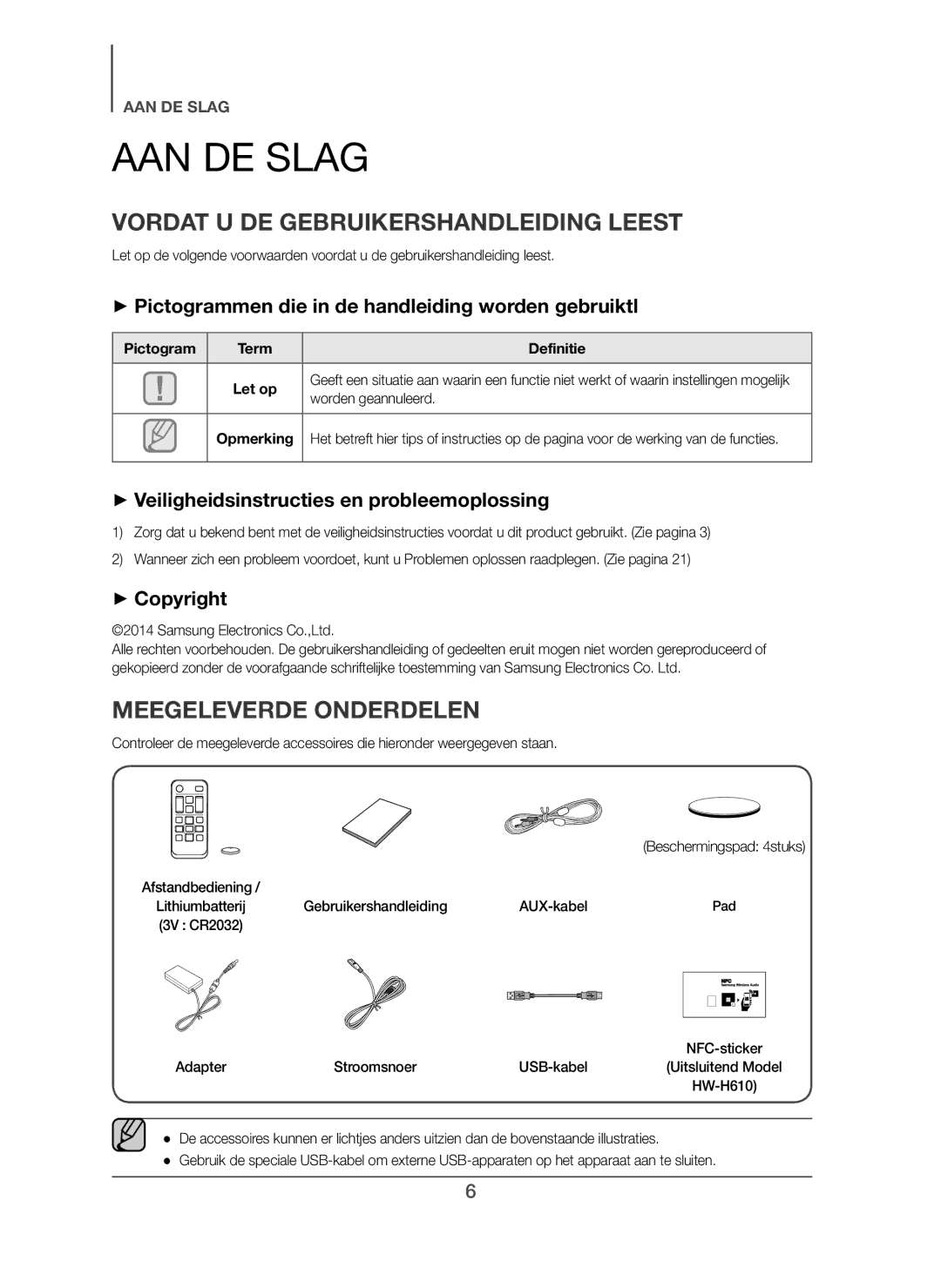 Samsung HW-H600/ZF, HW-H600/EN, HW-H600/TK AAN DE Slag, Vordat U DE Gebruikershandleiding Leest, Meegeleverde Onderdelen 