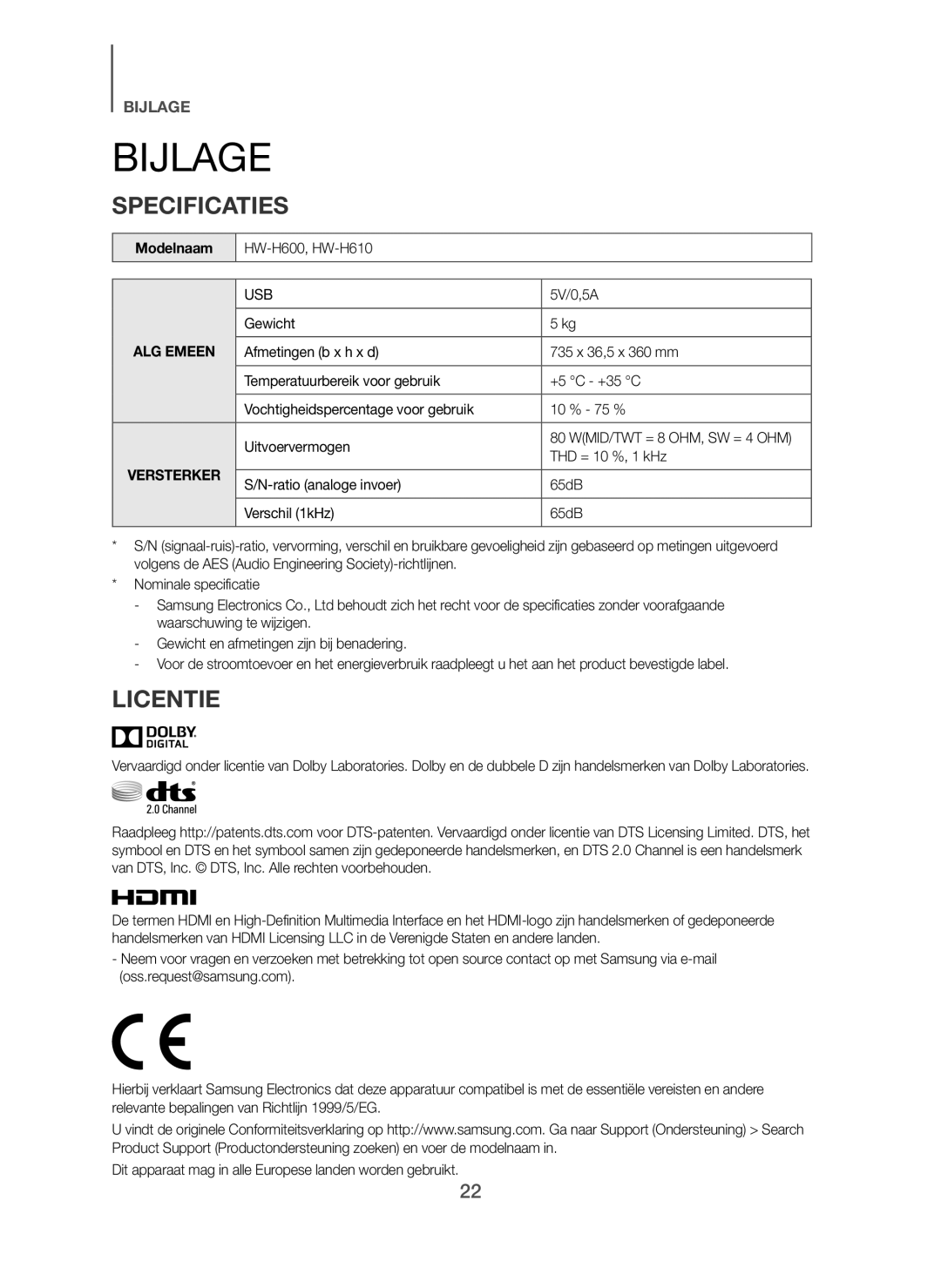 Samsung HW-H600/ZF, HW-H600/EN, HW-H600/TK, HW-H610/EN, HW-H610/ZF manual Bijlage, Specificaties, Licentie, Modelnaam, 5V/0,5A 