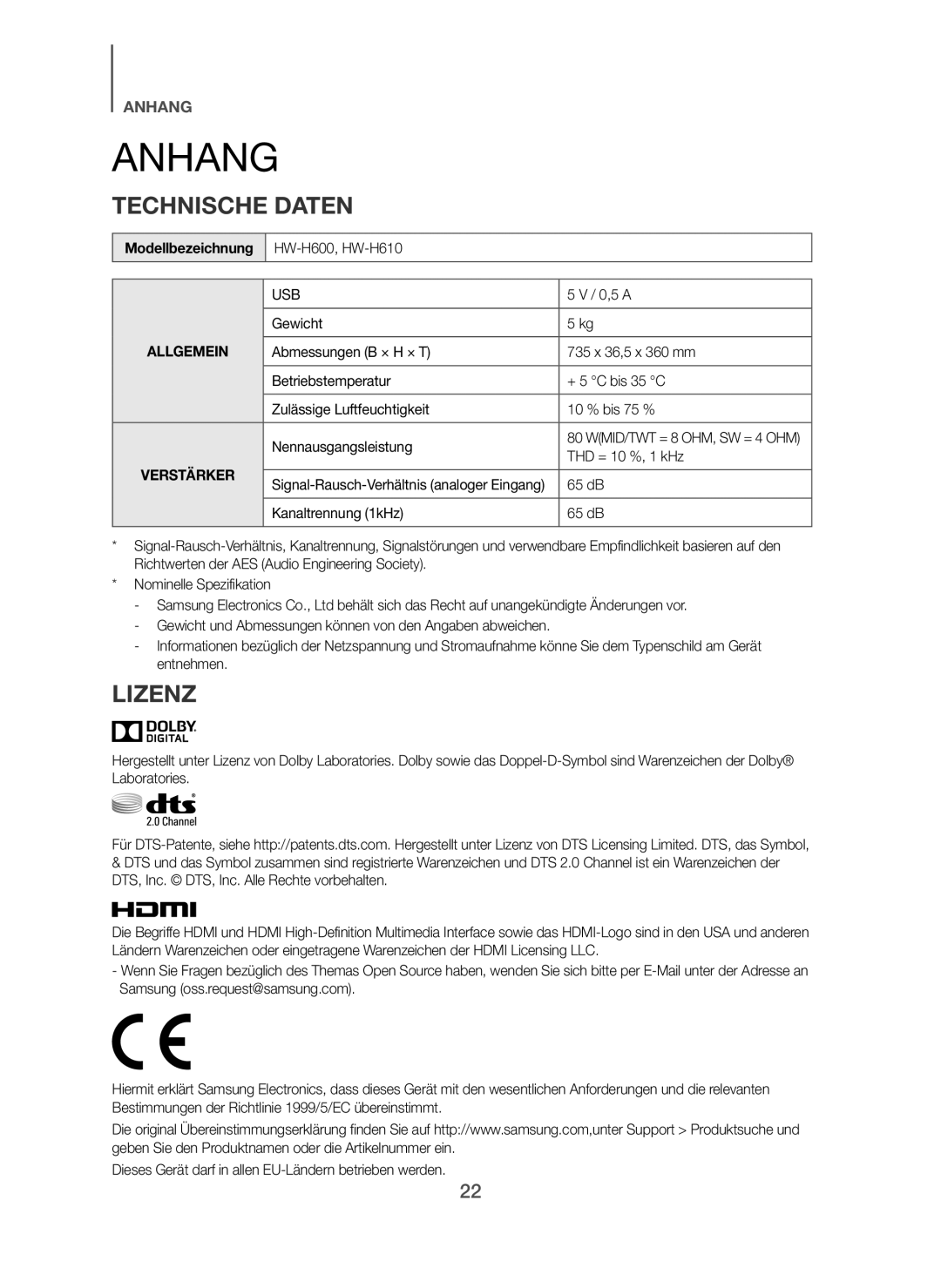 Samsung HW-H610/ZF, HW-H600/EN, HW-H600/TK, HW-H610/EN, HW-H600/ZF manual Anhang, Technische Daten, Lizenz, Modellbezeichnung 