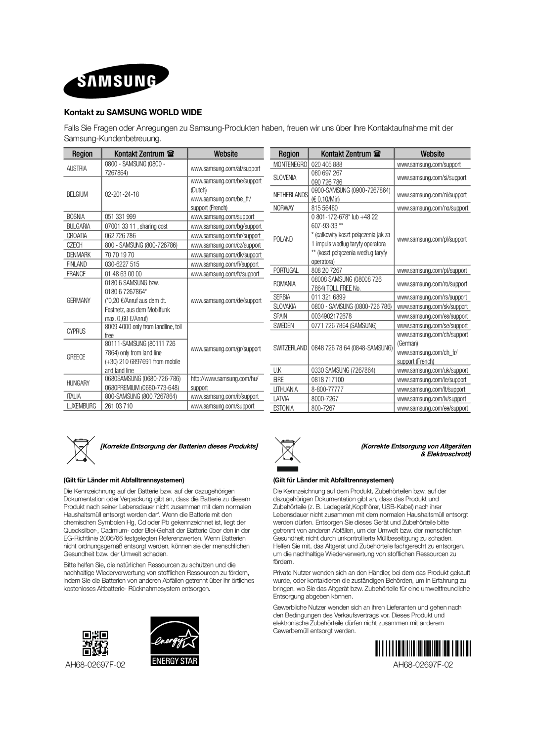 Samsung HW-H600/ZF, HW-H600/EN, HW-H600/TK, HW-H610/EN, HW-H610/ZF, HW-H600/XN Kontakt zu Samsung World Wide, AH68-02697F-02 