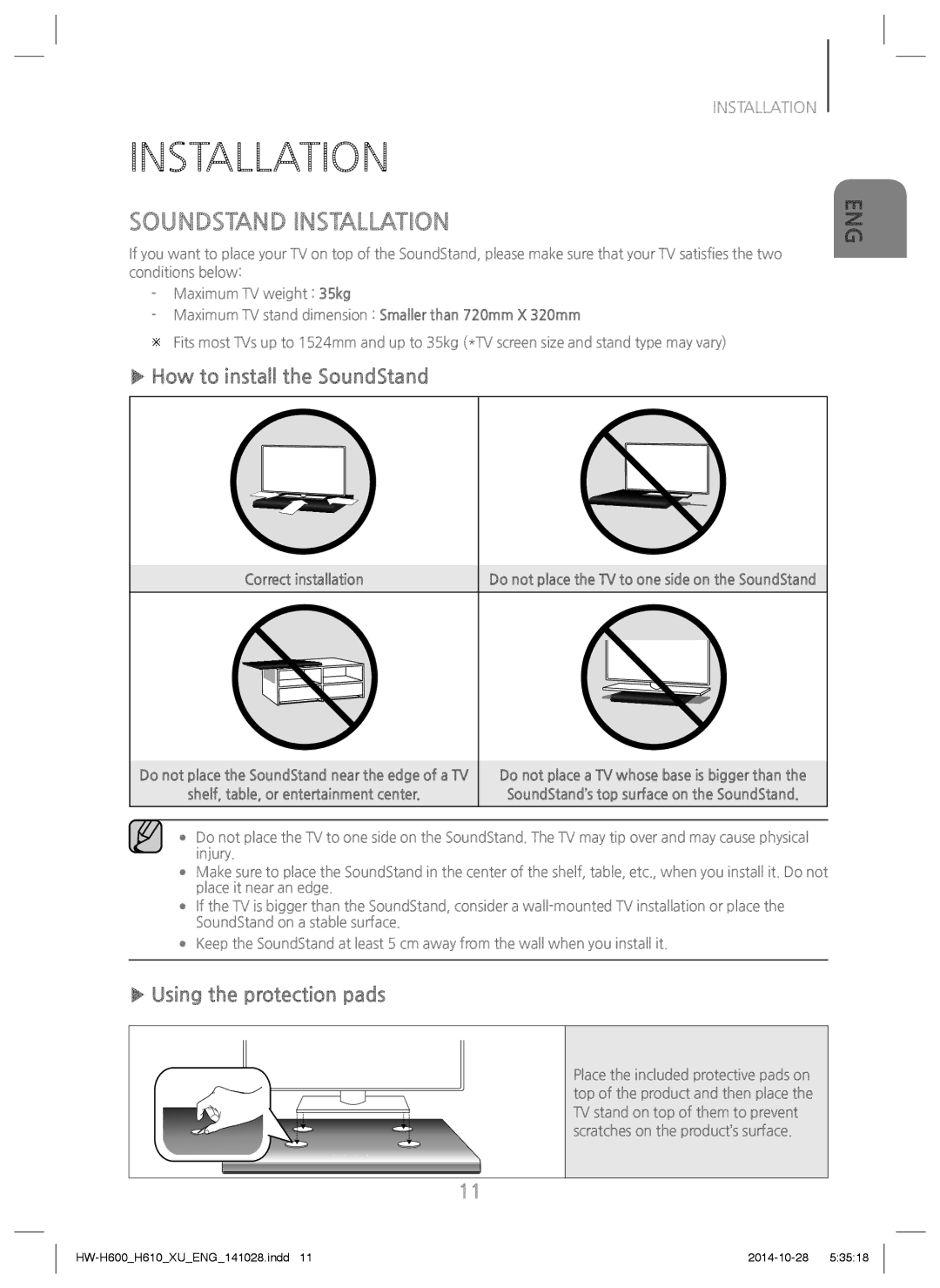 Samsung HW-H610/ZF, HW-H600/EN manual Soundstand Installation, How to install the SoundStand, Using the protection pads 