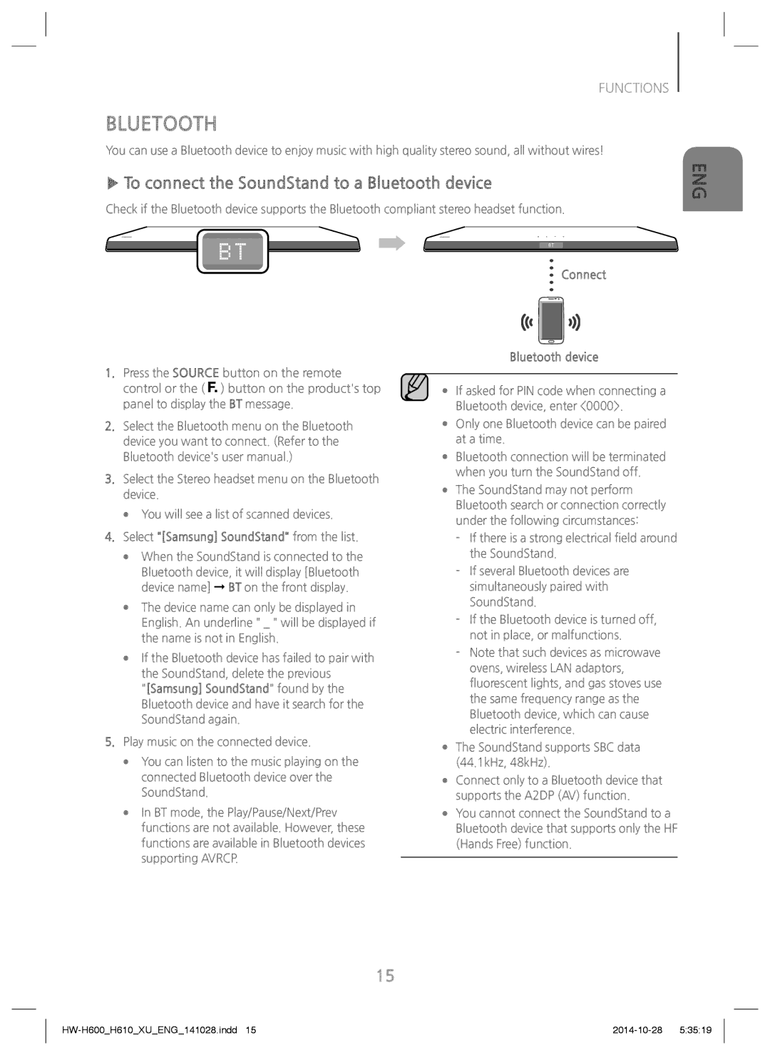 Samsung HW-H600/XE, HW-H600/EN, HW-H600/TK To connect the SoundStand to a Bluetooth device, Connect Bluetooth device 