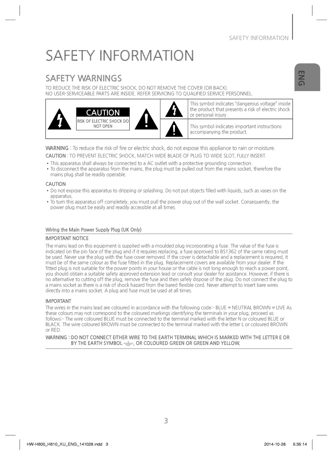 Samsung HW-H610/ZF, HW-H600/EN, HW-H600/TK, HW-H610/EN, HW-H600/ZF, HW-H600/XN, HW-H610/XE Safety Information, Safety Warnings 