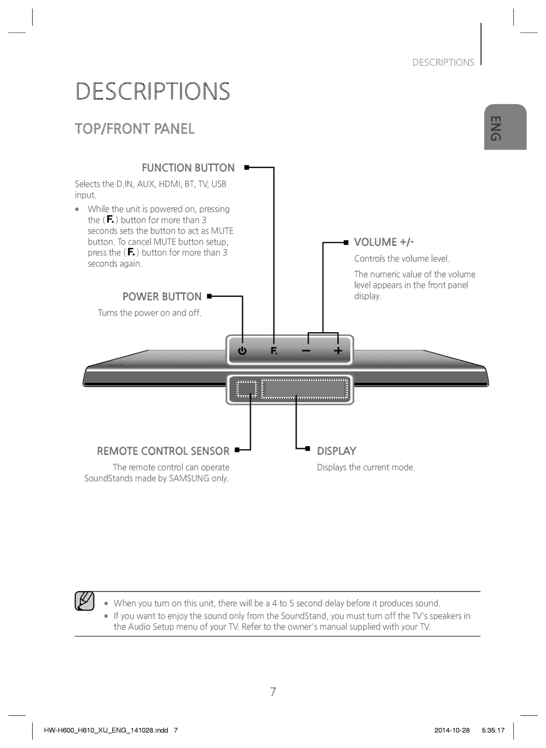 Samsung HW-H600/XE, HW-H600/EN, HW-H600/TK, HW-H610/EN, HW-H610/ZF Descriptions, TOP/FRONT Panel, Turns the power on and off 