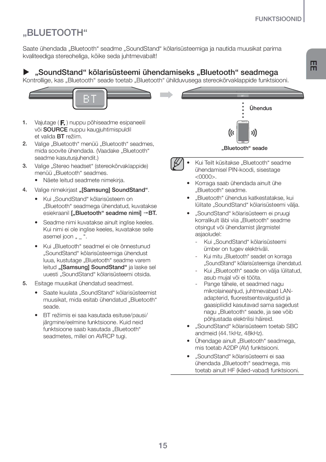 Samsung HW-H600/EN manual „Bluetooth, „SoundStand kõlarisüsteem toetab SBC andmeid 44.1kHz, 48kHz 