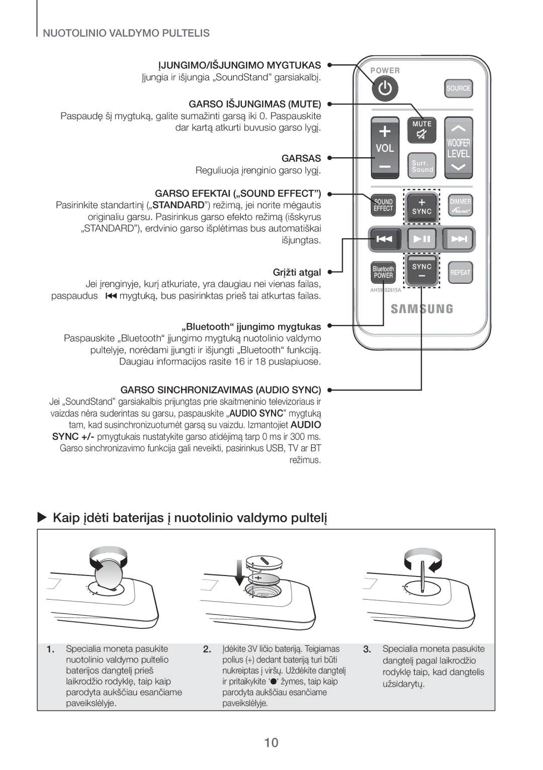 Samsung HW-H600/EN manual  Kaip įdėti baterijas į nuotolinio valdymo pultelį, Įjungia ir išjungia „SoundStand garsiakalbį 