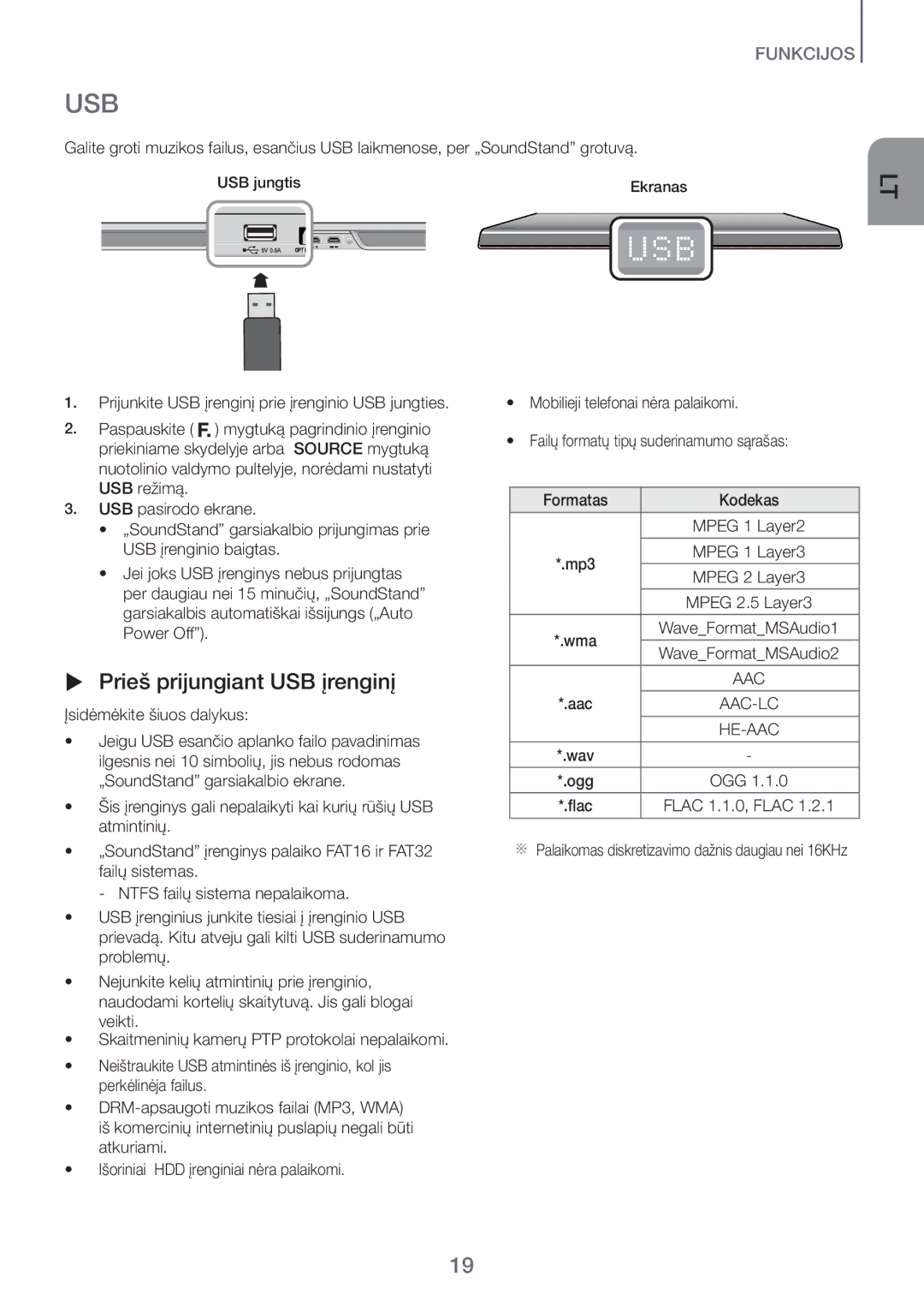 Samsung HW-H600/EN manual Usb,  Prieš prijungiant USB įrenginį, Įsidėmėkite šiuos dalykus 