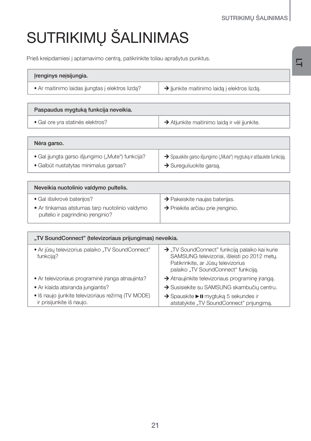 Samsung HW-H600/EN manual Sutrikimų Šalinimas 