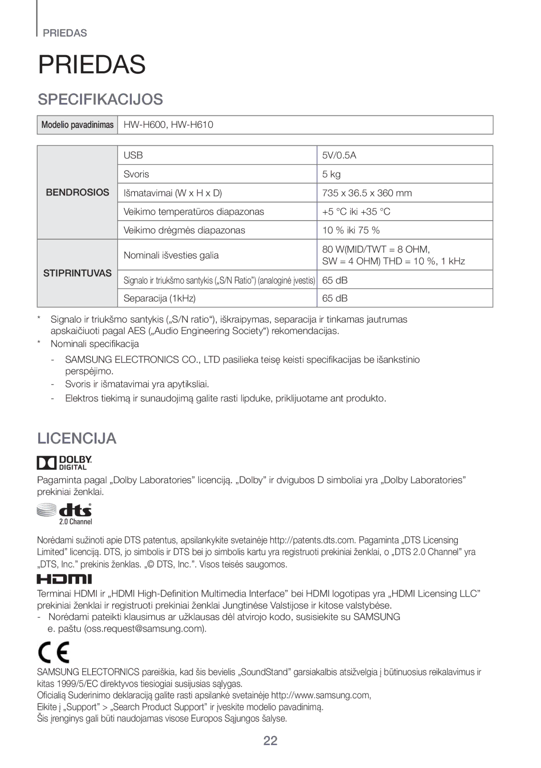 Samsung HW-H600/EN manual Priedas, Specifikacijos, Licencija 