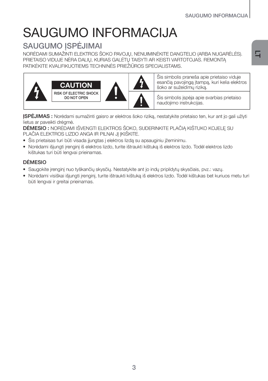 Samsung HW-H600/EN manual Saugumo Informacija, Saugumo Įspėjimai, Šoko ar sužeidimų riziką, Naudojimo instrukcijas 