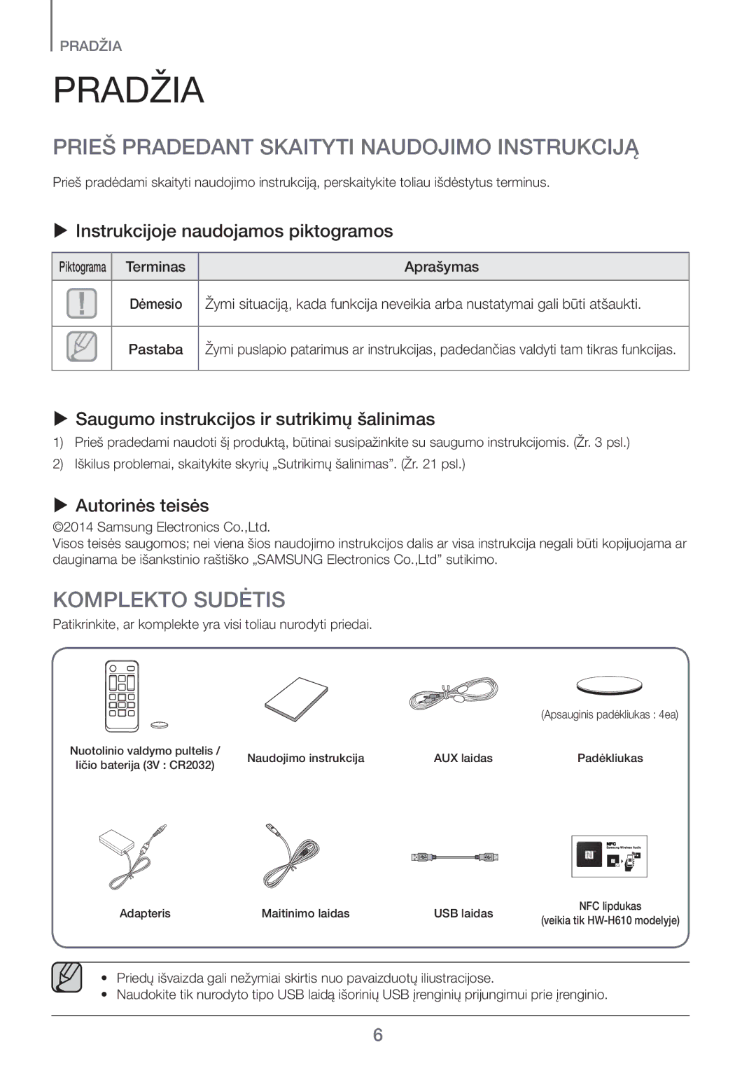 Samsung HW-H600/EN manual Pradžia, Prieš Pradedant Skaityti Naudojimo Instrukciją, Komplekto Sudėtis 