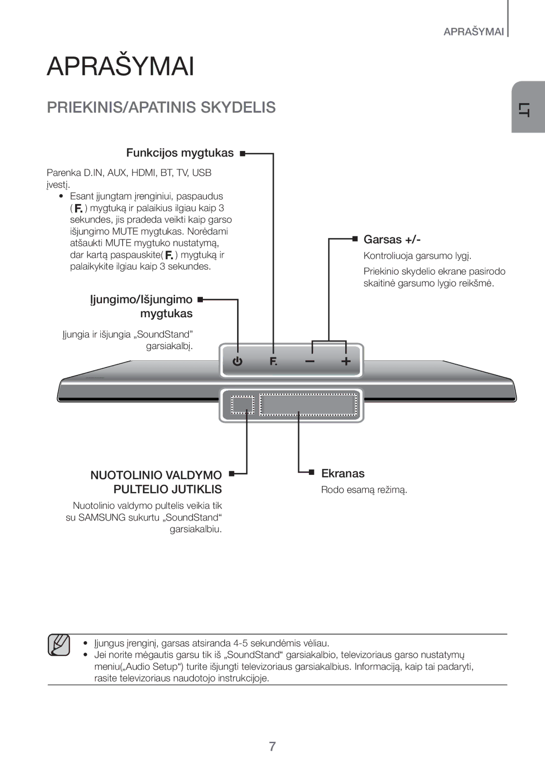 Samsung HW-H600/EN Aprašymai, PRIEKINIS/APATINIS Skydelis, Nuotolinio Valdymo Pultelio Jutiklis, Kontroliuoja garsumo lygį 