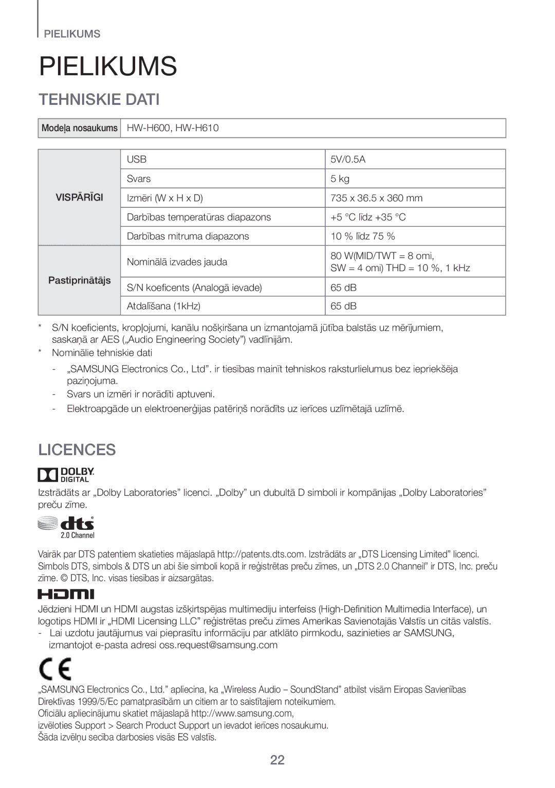 Samsung HW-H600/EN manual Pielikums, Tehniskie Dati, Licences 